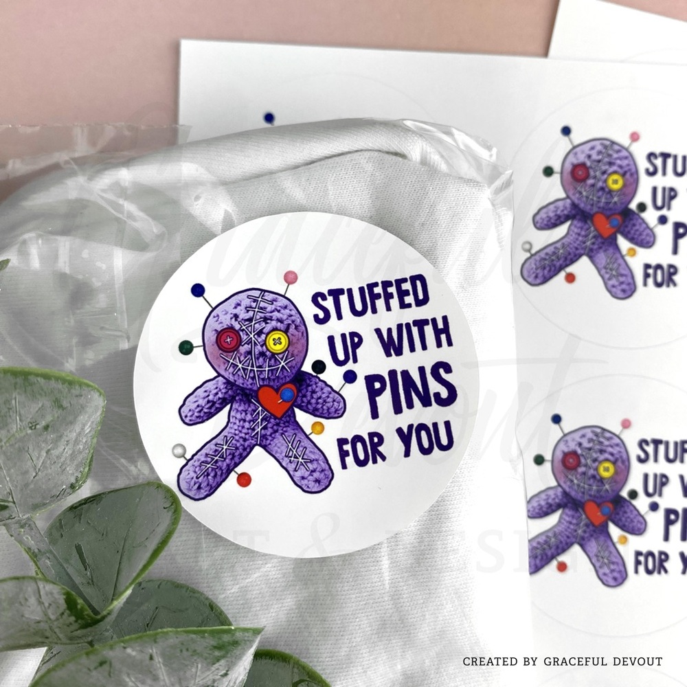 Stuffed Up With Pins For You - 2" (inches) (48ct.) Stickers - Picture 3 of 5